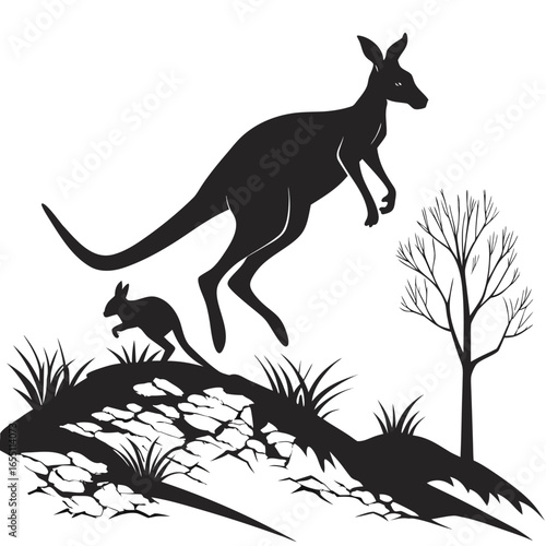 Silhouette of Leaping Kangaroo and Joey in Australian Outback Landscape: Dramatic, Monochrome Vector Illustration