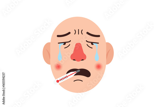 Sick Bald Man with Thermometer Red Spots and Tears.