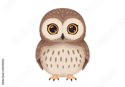 Adorable Cartoon Owl with Large Eyes and Brown Feathers.