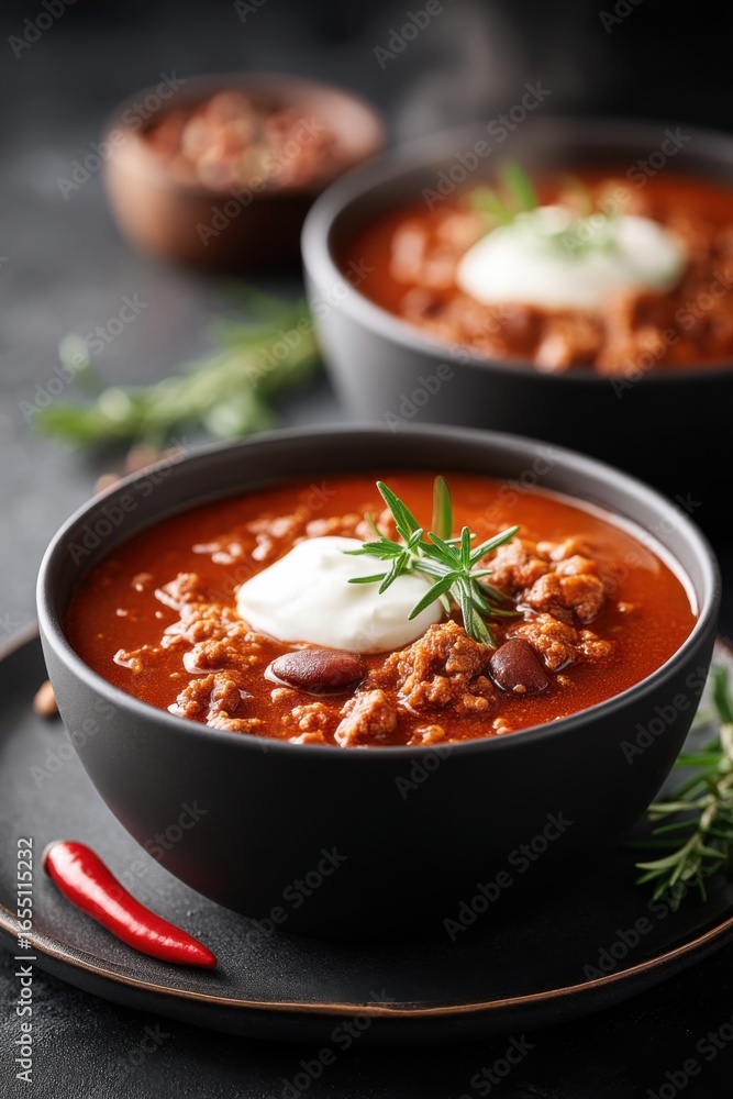 Hearty bowl of chili con carne topped with sour cream and fresh herbs Hearty bowl of chili con carne topped with sour cream and fresh herbs
