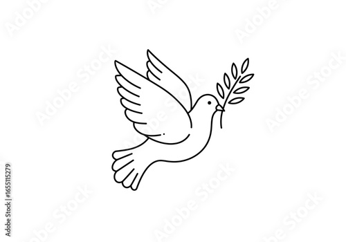Line Art Dove of Peace with Olive Branch.