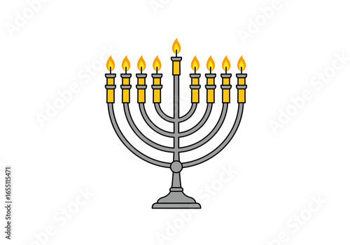 Nine-Branched Menorah with Lit Candles Hanukkah Symbol.