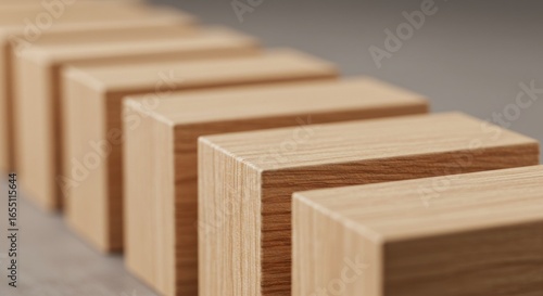 Closeup view of wooden blocks in a line on a neutral surface