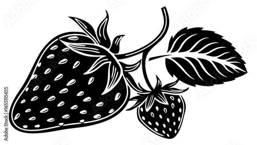 Illustration of two strawberries with leaves and seeds in black and white vector format design art