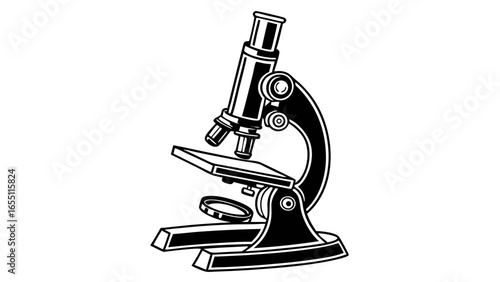 Illustration of a vintage microscope with intricate details and classic design elements in black and white