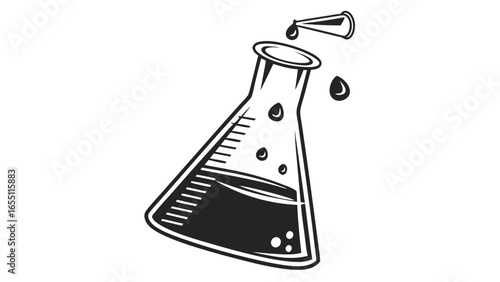Illustration of a conical flask with liquid and a dropper with liquid drops in black and white style