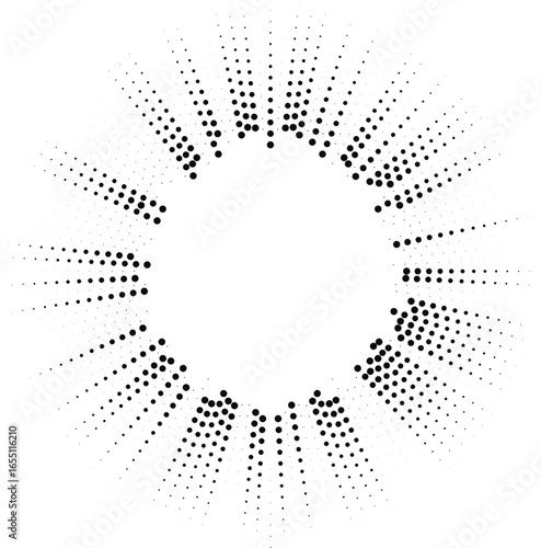 Circular dotted rays positioned irregularly at both ends with central empty space and outward tapering lines.