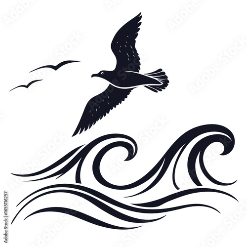 Seagull flying over waves silhouette
