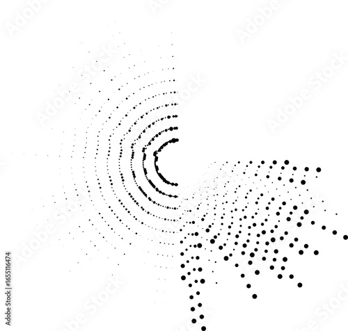 Circular dotted very long irregular rays distributed with one quarter part removed.