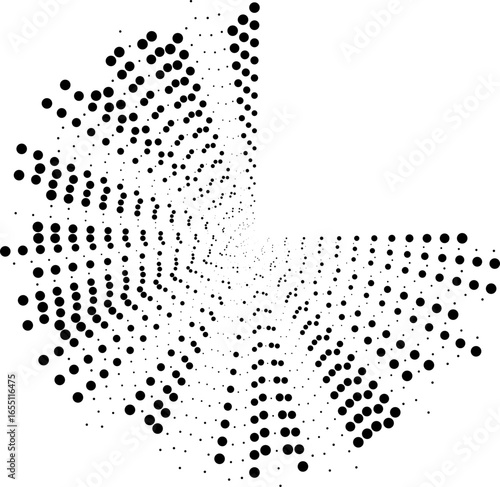Circular dotted irregular rays arranged around the circle with one quarter absent.