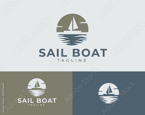 Sail Boat Logo Design. Nautical Vessel With Waves In Clean Minimal Style For Travel Or Sea Brand.