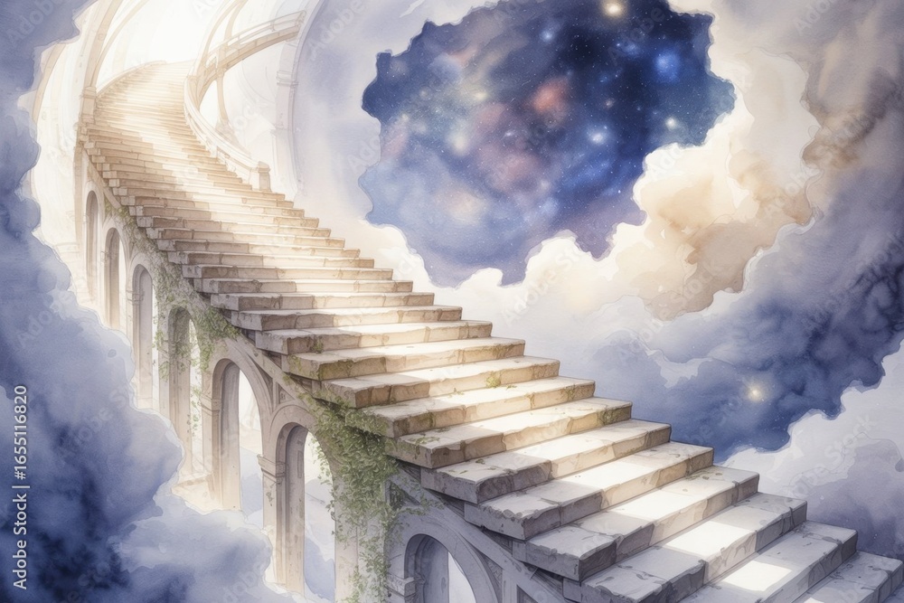 Obraz premium Stairway to the Celestial Realms: Ascending a magnificent stone staircase that leads to the ethereal clouds, into the light and the promise of the heavens.