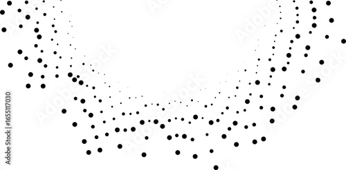 Semi-circular dotted rays arranged irregularly with large center space and varying thickness along lines.