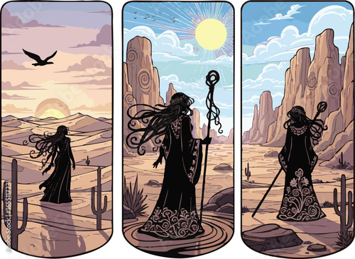 i need a kinds of different Desert scene with  Sandra of the Desert victor art silhouette with white background.