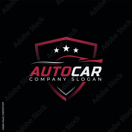 Autocar Shield Logo Design. Vehicle Emblem With Bold Shield Shape For Garage Or Racing Brand.