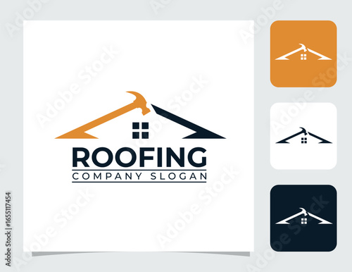 Roofing Logo Design. House Roof Symbol With Hammer Icon In Modern Construction Style.