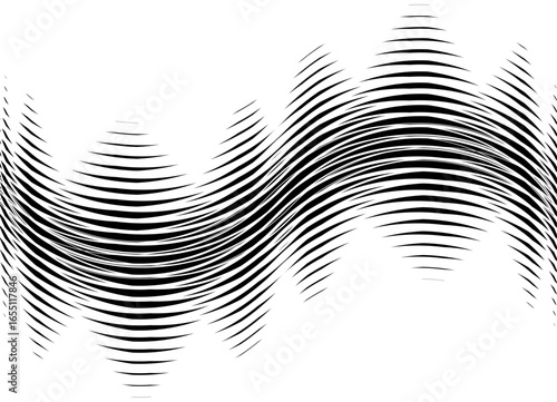 Abstract vertical striped wave of black sharp lines on a white background. Vector pattern. Design element. Vector background of lines for covers, advertising, packaging, interior. Glimmering, flickeri