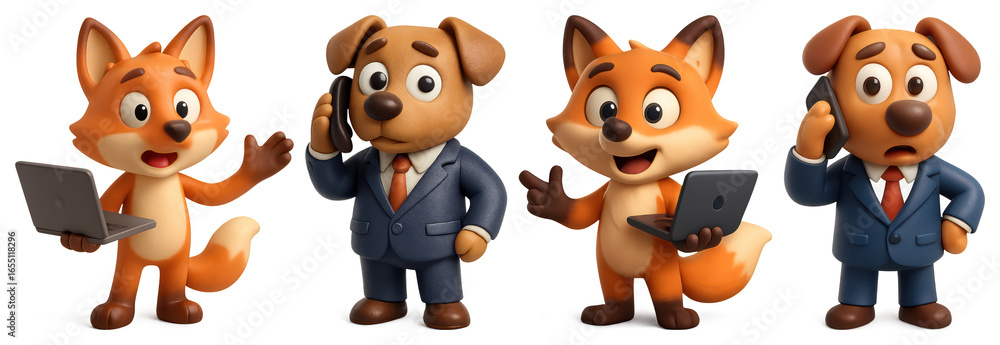 Obraz premium PNG Cartoon fox and dog in suits with laptops and phones element set on transparent background.