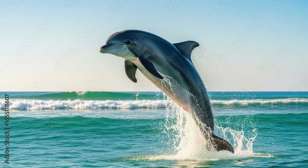 Obraz premium Majestic dolphin leaping from ocean waves under a bright sky capturing aquatic life