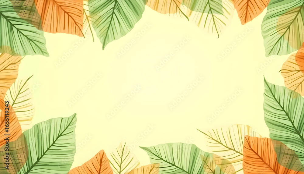 Obraz premium Watercolor-style translucent leaves in green and orange shades forming an artistic border frame on a pastel light yellow background. Elegant hand-painted look suitable for eco posters, invitations