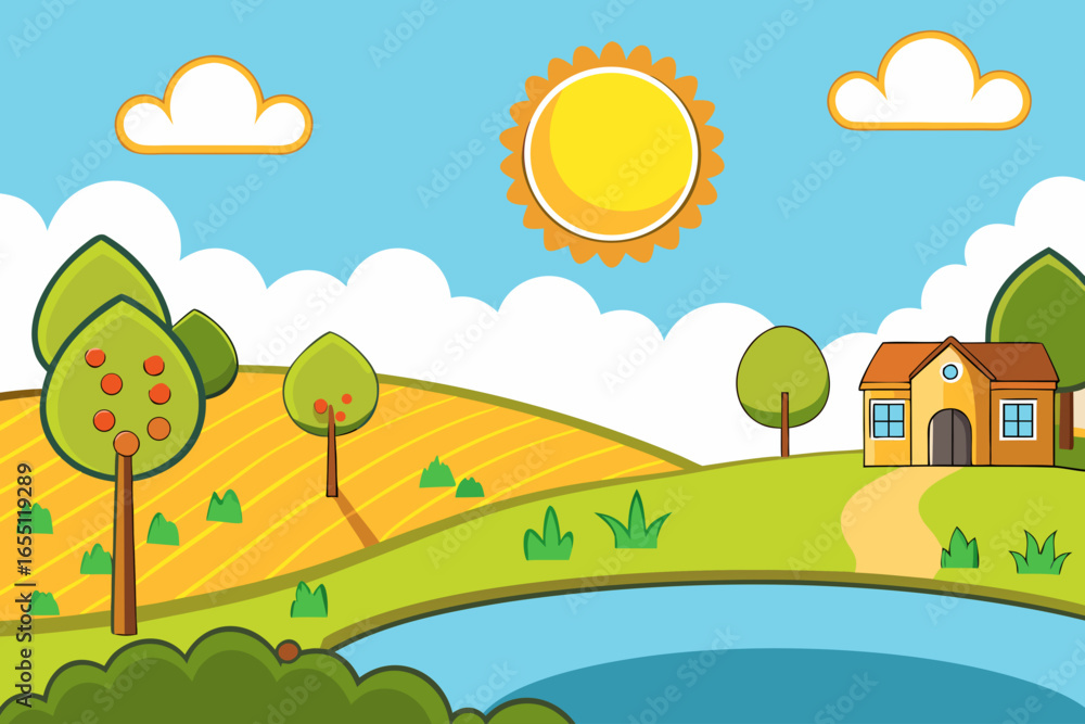 Fototapeta premium Charming cartoon farm landscape with a house trees and a pond
