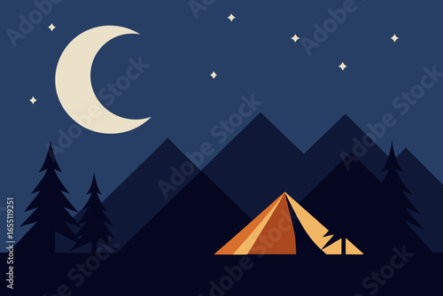 Cozy tent glowing under a crescent moon and starry night sky