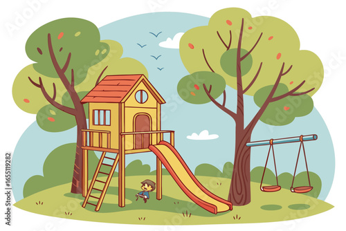 Charming cartoon treehouse with slide and swings in a park setting