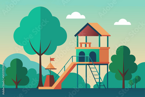 Colorful flat design playground with treehouse slide and climbing ladder