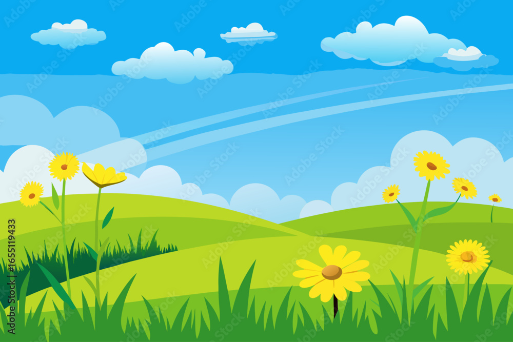 Fototapeta premium Vibrant green rolling hills under a bright blue sky with fluffy white clouds and yellow flowers