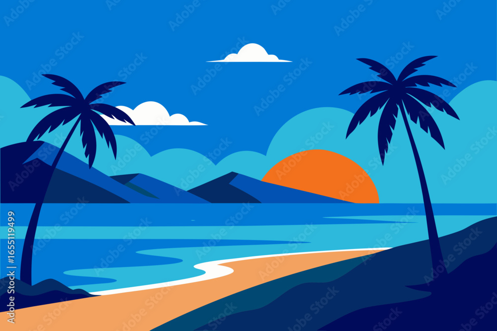 Obraz premium Stylized tropical beach scene at sunset with palm trees and mountains