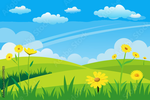 Vibrant green rolling hills under a bright blue sky with fluffy white clouds and yellow flowers