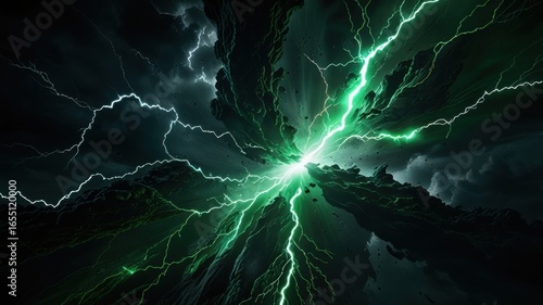 Fantasy Abstract Background with Glowing Green Energy Rift and Swirling Plasma Void