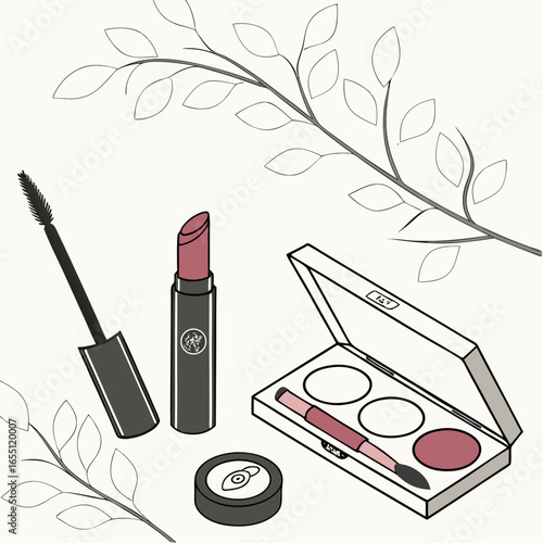 Cosmetic Illustration with Lipstick Mascara and Makeup Palette