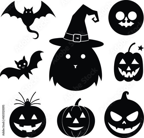 Cute Halloween Icons Vector Set Featuring Pumpkins, Cat,Ghost,and More,Vector art of a set halloween icons,Collection of Black Halloween Icons Silhouettes Ghosts,Bats,Cats,Pumpkins,Spooky,elements,Ai