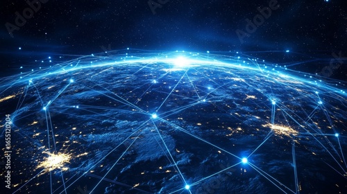 A global digital network spanning the entire planet, with luminous blue streams of light representing connections and the flow of information