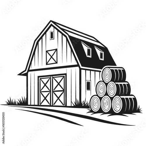 Barn with hay bales silhouette