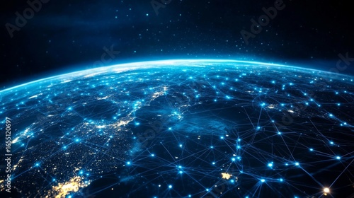 A global digital network spanning the entire planet, with luminous blue streams of light representing connections and the flow of information
