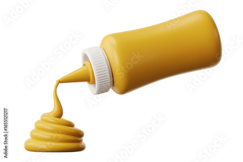 Mustard bottle pouring a swirl of delicious yellow condiment on white background for food photography and culinary concepts advertisement