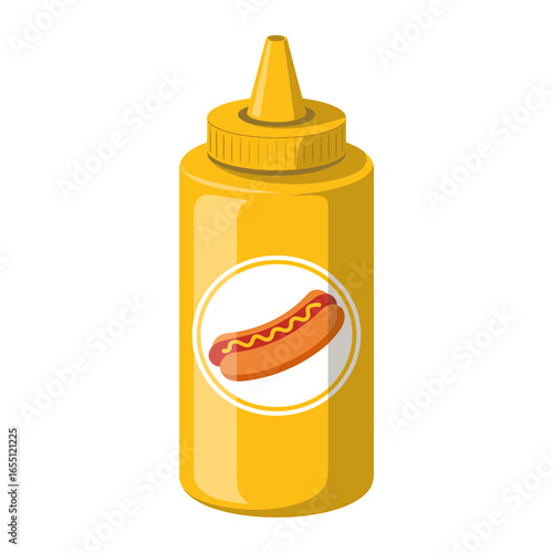 Illustration of a mustard bottle with a hotdog icon for restaurants and catering businesses advertising condiments and fast food service ideal for digital projects