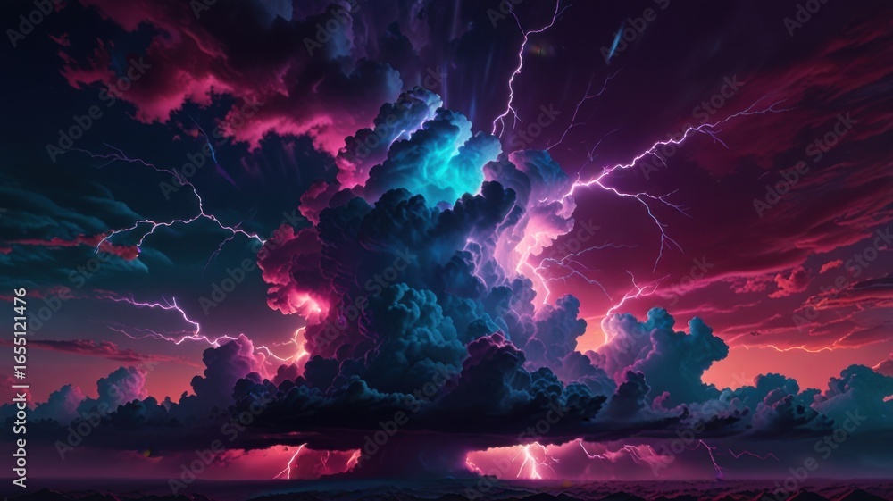 Fototapeta premium Vaporwave Glowing Storm Cloud With Neon Pink And Blue Lightning On Dark Sky