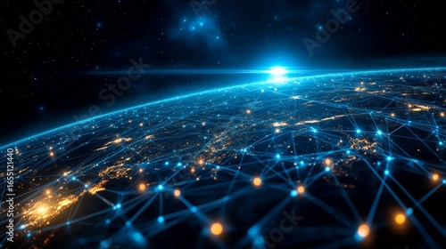 A global digital network spanning the entire planet, with luminous blue streams of light representing connections and the flow of information