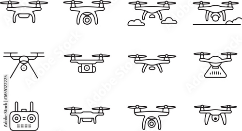 A collection of drone icons, including different drone designs, controllers, and aerial views, represented in clean line art style, perfect for technology, aviation, and photography themes.