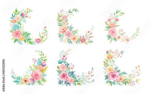 Watercolor floral arrangements pastel roses bouquets corner designs