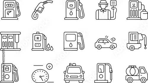 Simple line icons of fuel stations, pumps, and vehicles, perfect for representing energy, transportation, and automotive services.