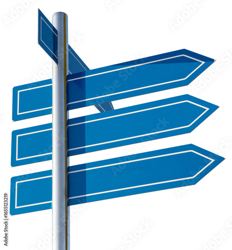 Modern sign post with four blank placard isolated on white background. Template mock up