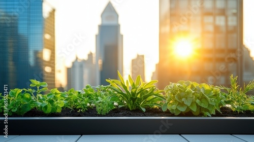Fototapeta Naklejka Na Ścianę i Meble -  Net Zero Carbon Urban rooftop garden with diverse plants, demonstrating green infrastructure and carbon offsetting in cities