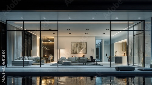 Modern home with glass walls overlooking a pool at night