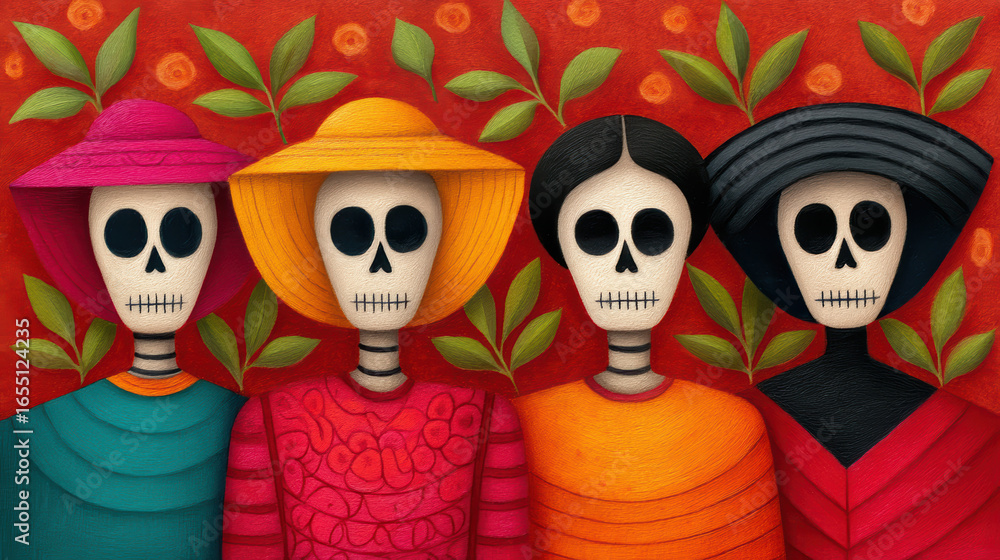 Fototapeta premium Four colorful skeletons wear traditional hats, surrounded by vibrant foliage against a red background, celebrating life and culture.