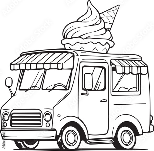 Black and white sketch of a cartoon-style ice cream truck with cone on roof and striped awnings—evokes whimsy and summer joy