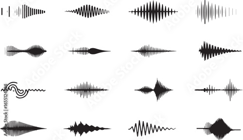 A set of abstract sound wave icons, representing various frequencies and signals, ideal for audio, music, and technology designs.
